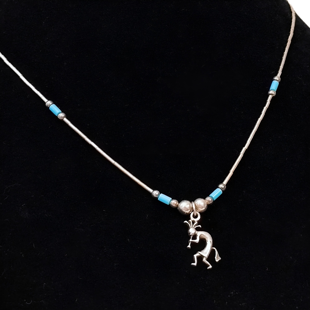 Sun West Silver Sterling Liquid, Turquoise, Ball bead Kokopelli Necklace 16" - Picture 9 of 9